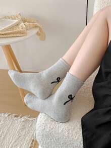 1/3/6 Pairs Women's Cute Bowknot Print Mid-Calf Socks, Pure Black White Gray Ribbed Crew Socks, Simple Fashion Pattern Daily Casual Ankle Socks - Multicolor - View 7