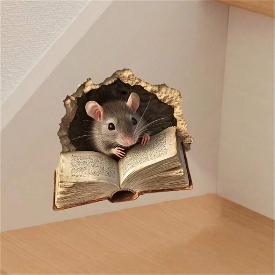 1pc Whimsical Reading Mouse Hole Wall Decal - Easy DIY, Matte PVC, Living Room And Entryway Decor Animal Print, Self-Adhesive And Removable, Whimsical Decoration - 1PC - View 1