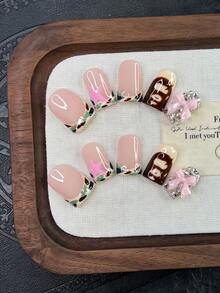 10 piezas/Set Uñas Postizas Hechas a Mano Y2K, Manicura Francesa Rosa, Arte de Uñas Pintado a Mano Lindo, Uñas con Strass, Adecuadas para Fiesta y Uso Diario. Uñas Cuadradas Cortas. Uñas Postizas Hechas a Mano Cuadradas, Uñas Falsas, Uñas Acrílicas, Uñas Cortas, Uñas de Verano - Multicolor - Ver 10