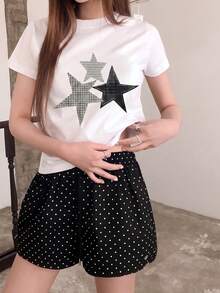 Y2K 輕亞文化風格原宿復古星星印花短袖 T 恤 E-Girl 上衣 夏季新款休閒白色短袖上衣 - 白色 - 查看 3
