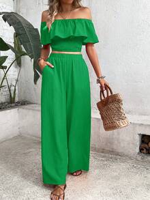 Ins, Blogger Favorite: Off-The-Shoulder Ruffle Crop Top + Wide-Leg Pants With Pockets And High Waist - Green - View 1
