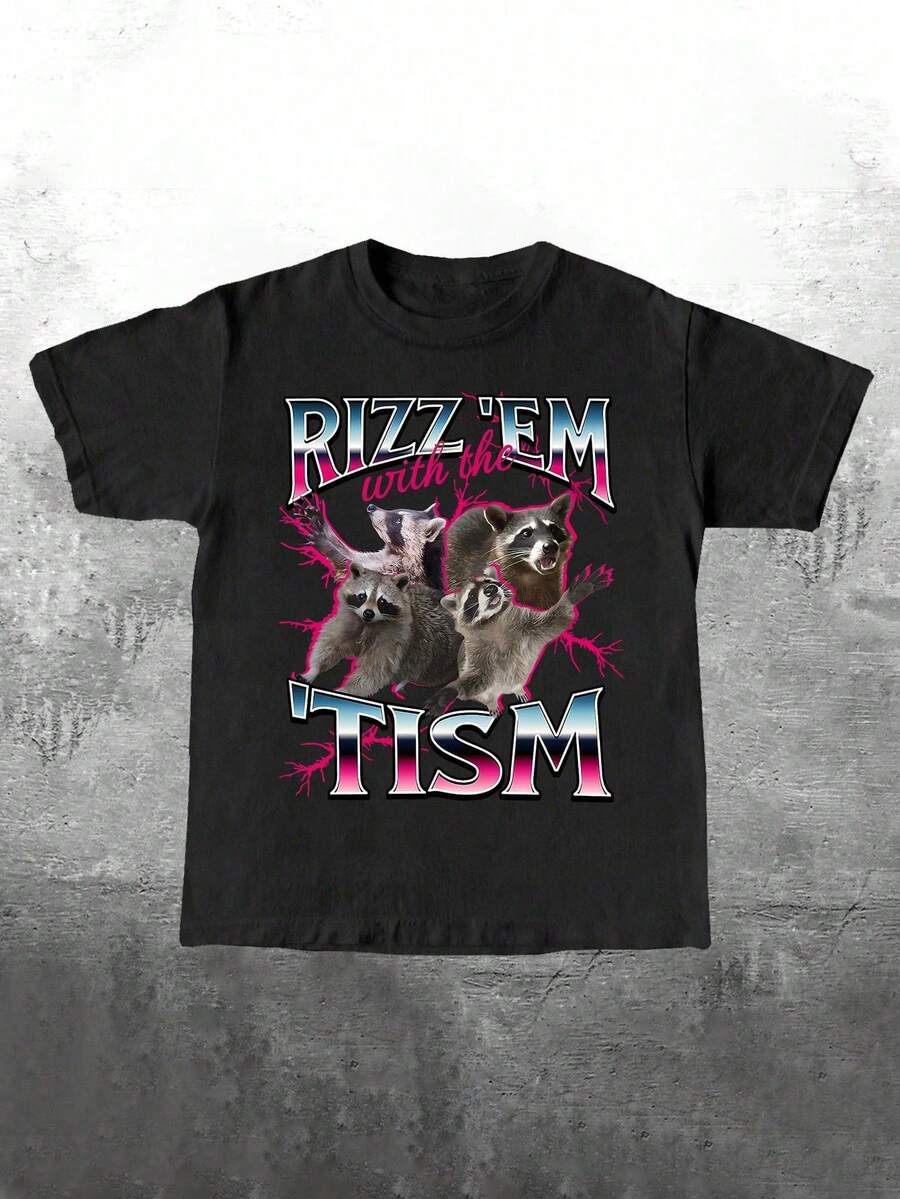 T-Shirts Boys' Clothing Boys' And Girls' T-Shirts Teen Clothing Girls' T-Shirts Manfinity Dauomo Amazing Lightning Raccoon Print Funny Meme Men's Standard T-Shirt KSOC - 黑色 - 查看 1