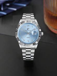 RICECGO Men's Stainless Steel Band Quartz Watch, Minimalist Business Style, Perfect Gift For Any Occasion - Silver - View 5