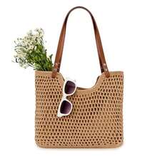 Women's Woven Tote Bag, Lightweight Crochet Beach Bag, Elegant Bohemian Handbag, Large Boho Summer Casual Shoulder Bag, Travel Bag With Zipper, For Vacation, Beach And - 卡其色 - 查看 8