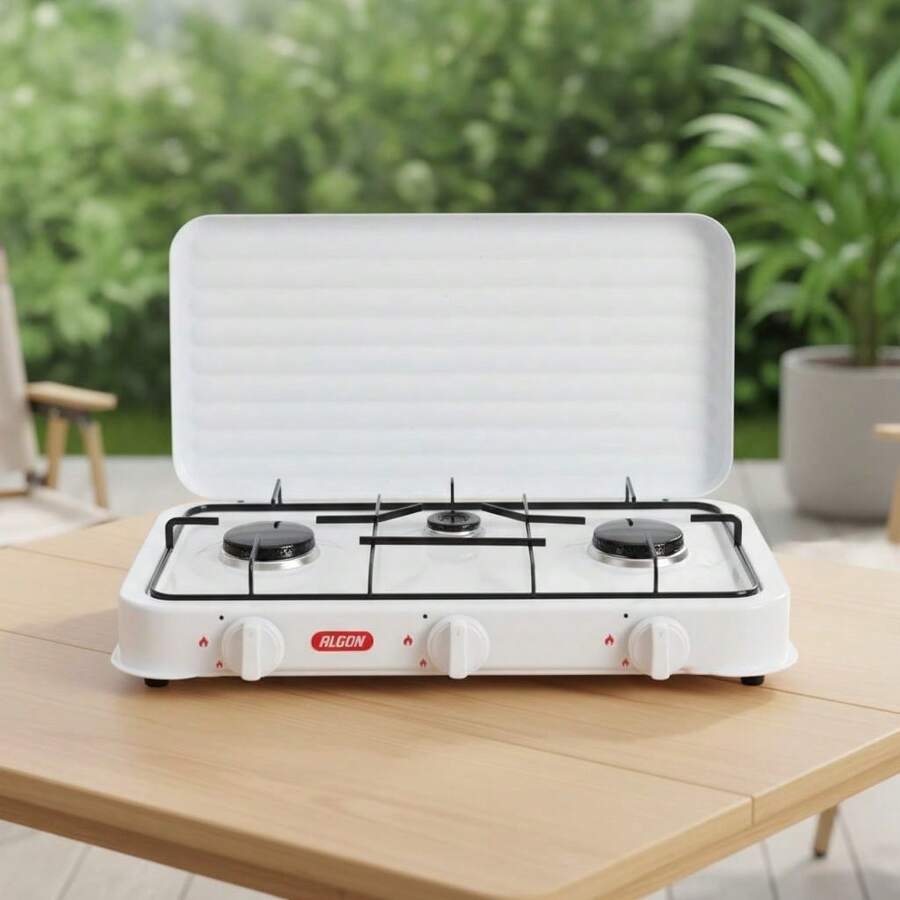 KIWI 3-Burner Gas Stove With Lid, Portable Cooker For Camping, BBQ, Patio, Garden And Outdoor Use, Triple Burner With Regulators - 3 White Fires - View 1