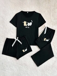 Cute Cat Print 3-Piece Pajama Set With Shorts - Black - View 1