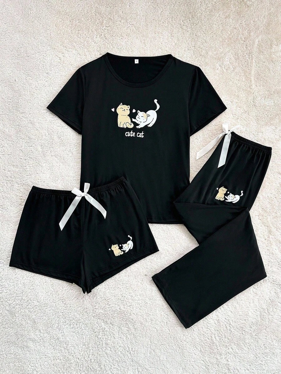 Cute Cat Print 3-Piece Pajama Set With Shorts - Black - View 1