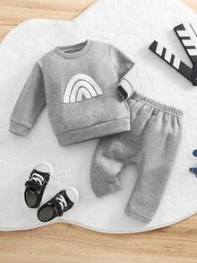 2pcs/Set Unisex Baby & Kids Rainbow Embroidered Top + Loose Sports Pants Outfit, Casual Spring/Autumn Wear - Light Grey - View 11
