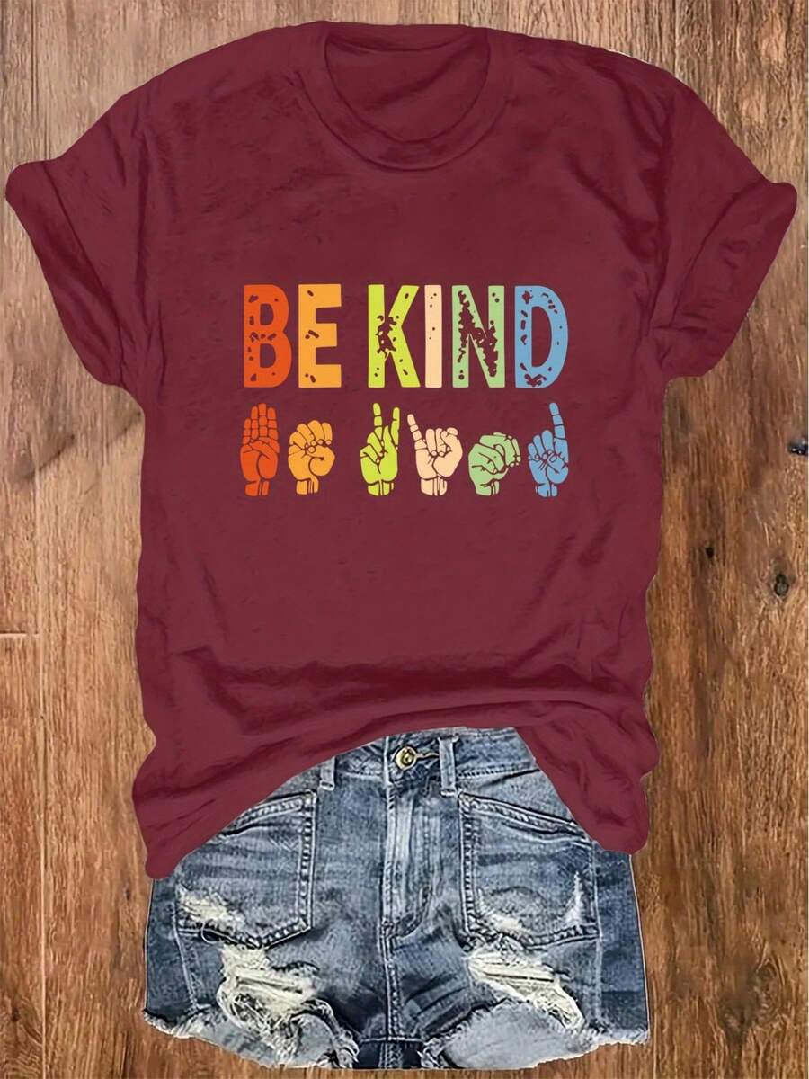 Colorful "Be Kind" Print, 100% Polyester Knit Fabric, All-Season Short-Sleeved T-Shirt, Casual Wear. | Fashionable Casual Top | Stretchy Material, RTNC Women's T-Shirt - 酒紅色 - 查看 1