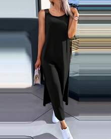 New Women's Simple Solid Color Sleeveless Summer Dress With Lace Back - Black - View 1