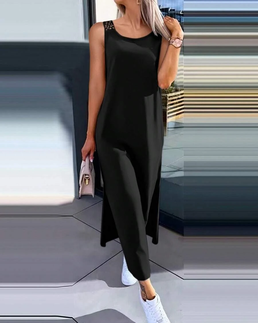 New Women's Simple Solid Color Sleeveless Summer Dress With Lace Back - Black - View 1
