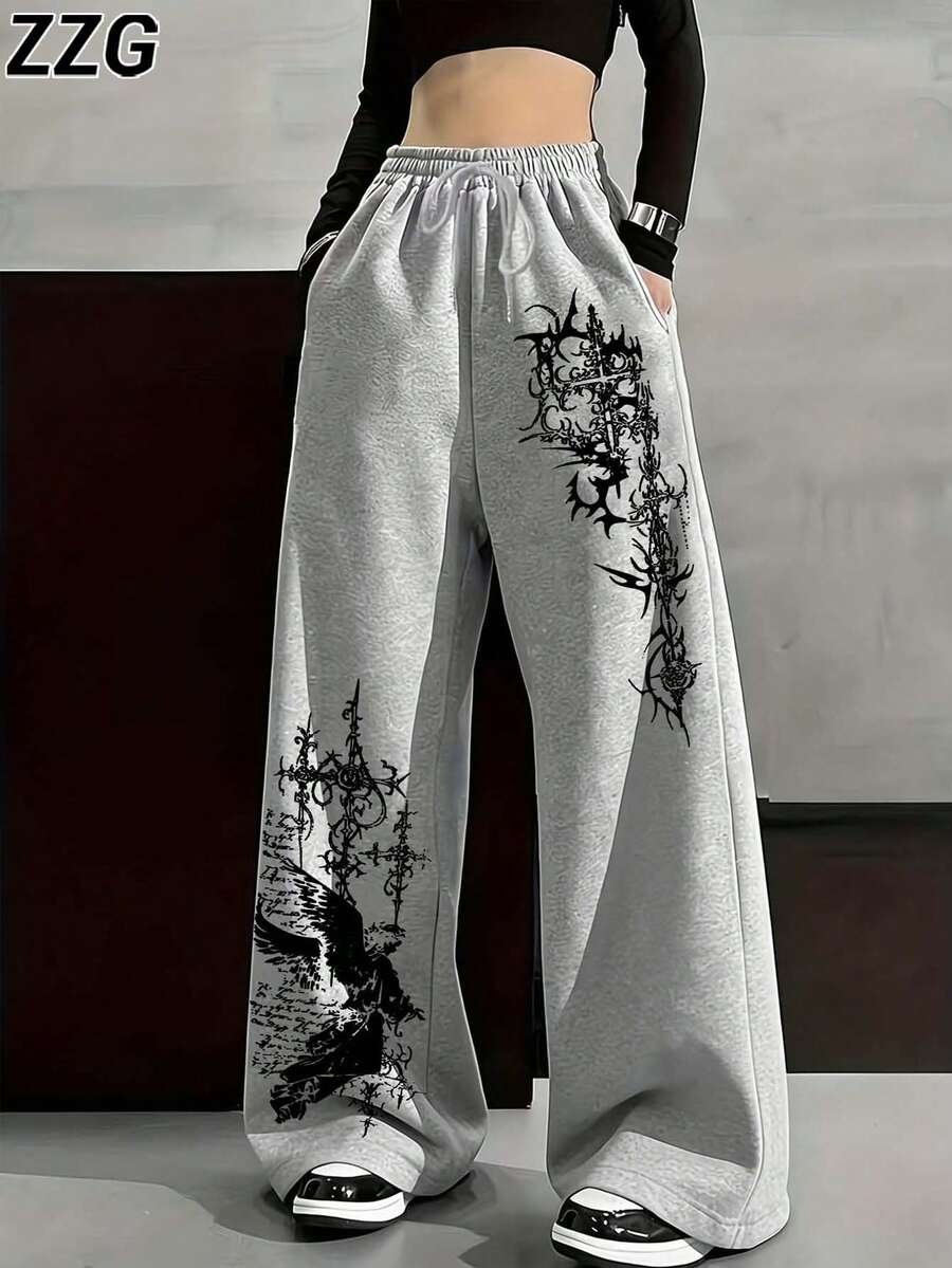 ZZG Damen-Freizeithose für Frühling/Sommer, gerade geschnitten, mit personalisiertem "Gothic Cross Thorn Totem"-Muster-Muster, grau, mit Vordertasche, schlicht, für den Alltag - Grau - Übersicht 1