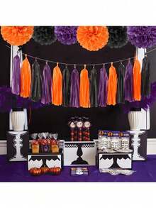 1Set Halloween Themed Baby Shower Decorations Paper Flower Pom Poms Triangle Flag Streamer Set - Multicolor - View 6
