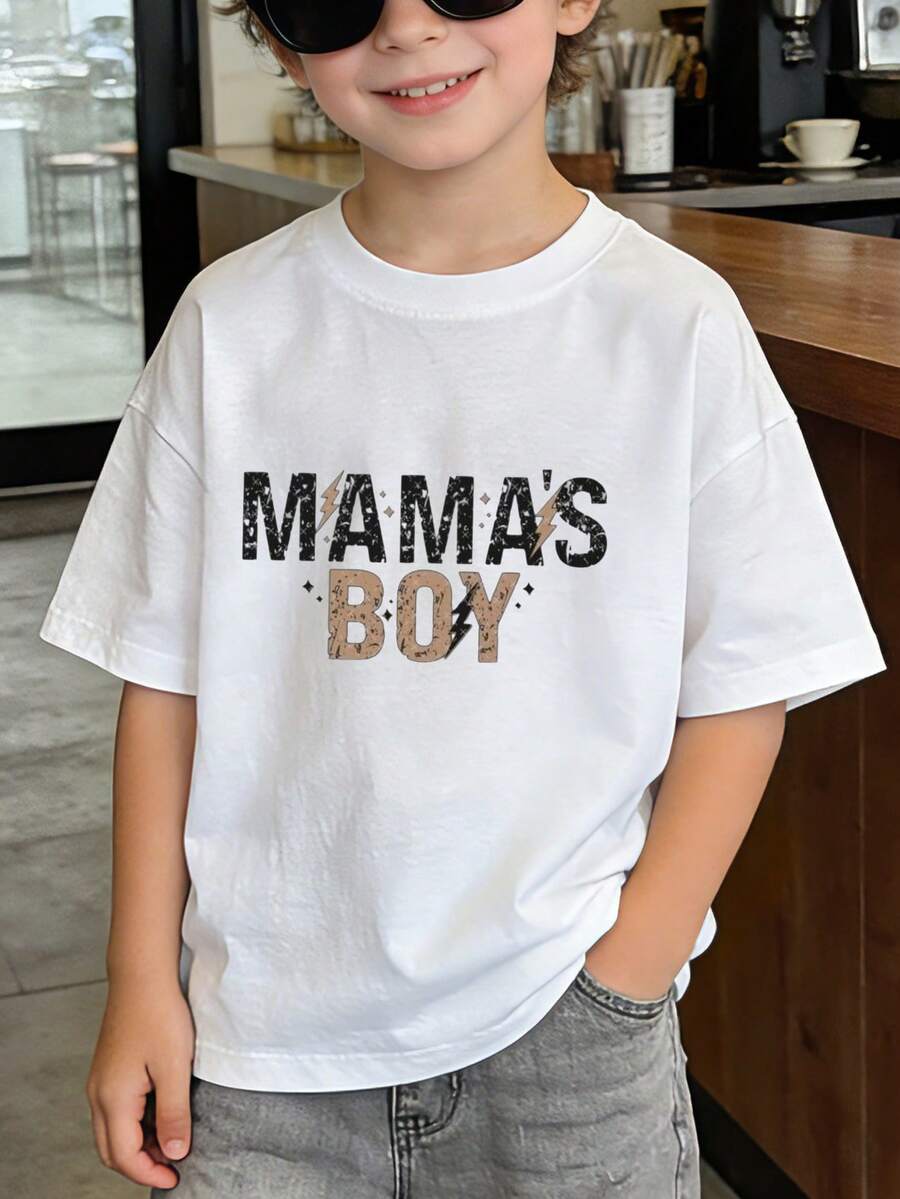1 White Letter Print T-Shirt For Children, For Mothers And Babies, Round Neck, Casual T-Shirt, Medium Elasticity Knit Fabric, Regular Fit, Suitable For Boys And Girls - 白色 - 查看 1