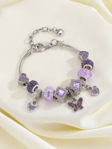 1pc Elegant Purple Square Heart Beaded Butterfly Pendant Bracelet For Teenagers, Daily Wear - Multicolor - View 3