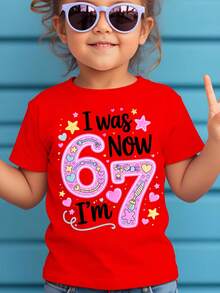 Camiseta Creativa y Dulce para Niñas WML con Estampado de Dibujos Animados del Número 67 - Rojo - Ver 1