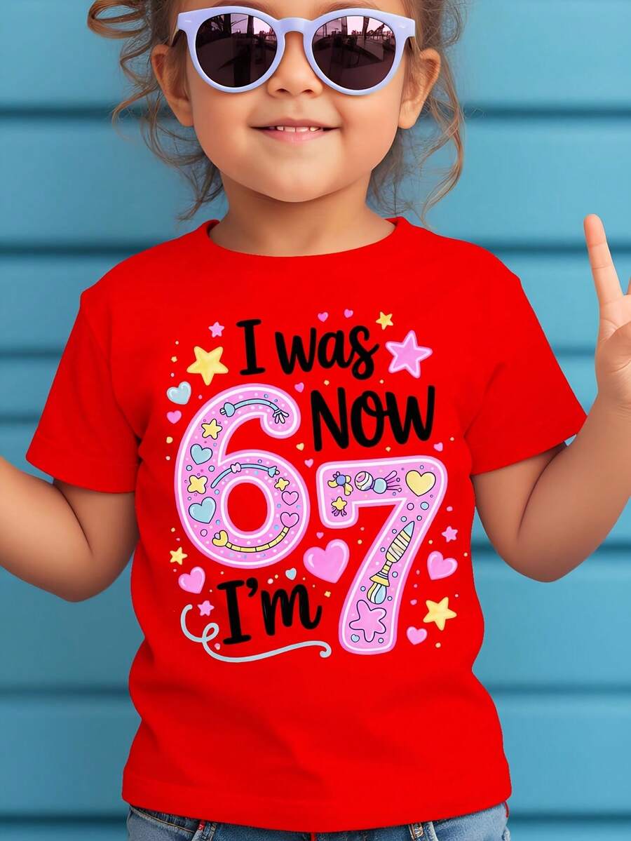 Camiseta Creativa y Dulce para Niñas WML con Estampado de Dibujos Animados del Número 67 - Rojo - Ver 1