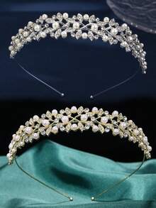 2pcs/Set Kids Girls Gold Silver Faux Pearl Rhinestone Leaf Tiara Headbands For Birthday Party, Princess Dress-Up, Performance, Theme Park & Photos - Multicolor - View 4