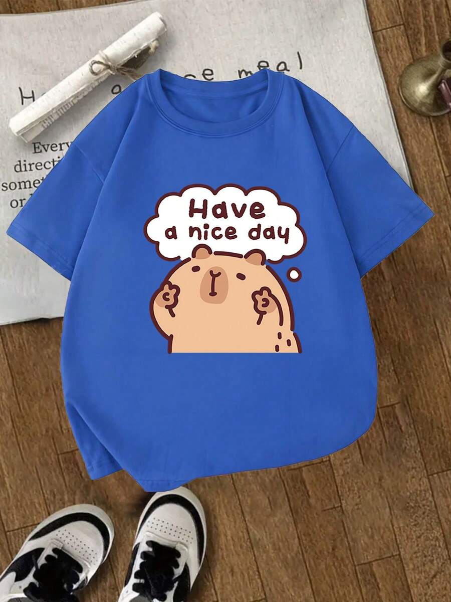 [Guan Yi Shu Selection]Capybara And Pufferfish Print T-Shirt|Short Sleeve Sports T-Shirt For Boys And Girls Ages 4-13 | Casual Printed T-Shirt For Kids - 藍色 - 查看 1