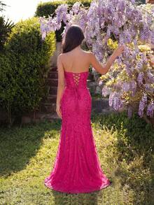 ADYCE 優雅V領亮片刺繡鏤空高腰側開衩露背婚禮賓客禮服，適合舞會、派對、宴會、聖誕與秋季 - 玫紅色 - 查看 7