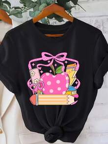 Women's Black Short-Sleeved T-Shirt With Pink Apple Graphic Print And School Supplies – Casual Fashion, Round Neck, Teacher-Themed, Comfortable And Cool For All Seasons - 黑色 - 查看 3