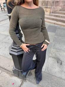Women's Striped Knit Long Sleeve Cropped Pullover Sweater, Medium Stretch Autumn Knit Top - Green - View 2
