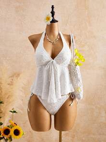 Conjunto de bikini de encaje con cuello halter y volantes para mujer: traje de baño de dos piezas favorecedor para aguas termales - Blanco - Ver 1