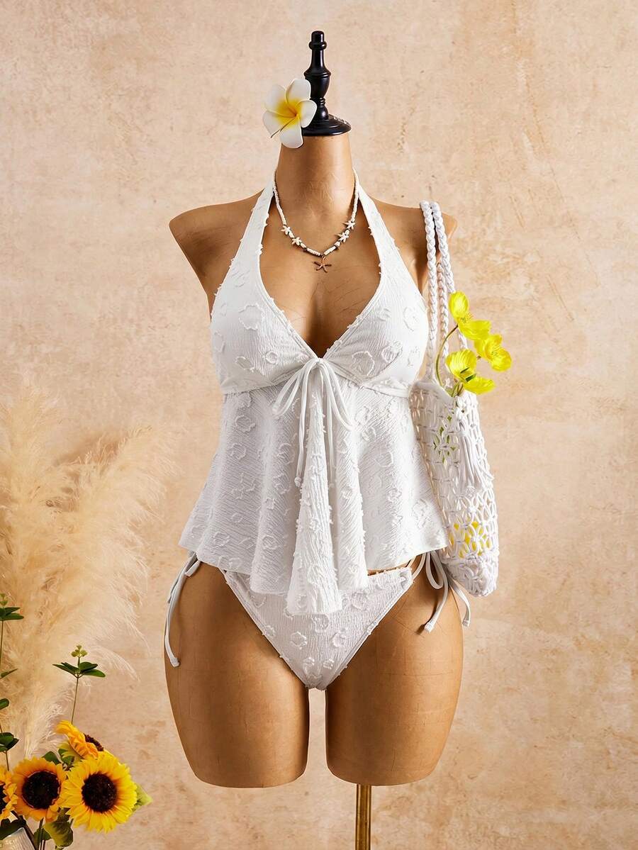 Conjunto de bikini de encaje con cuello halter y volantes para mujer: traje de baño de dos piezas favorecedor para aguas termales - Blanco - Ver 1