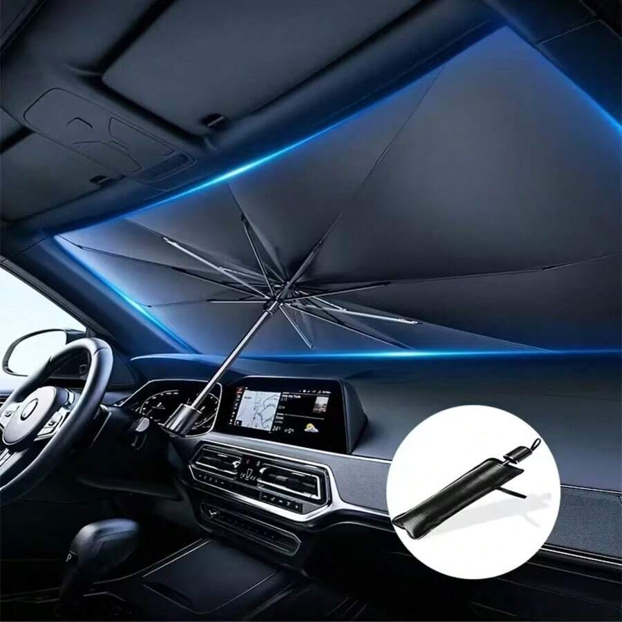 1pc Car Front Windshield Sun Shade, Foldable Umbrella Style Sun Shade, Suitable For Most Front Windshields, Reflective Sun Shade