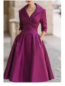 Vestido formal elegante para mujeres europeas y americanas, con cintura entallada, adelgazante y elegante, de manga larga. - Burdeos - Ver 8