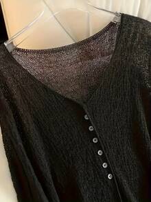 Chal de gasa de manga larga para verano, ideal para primavera, verano y otoño; un estilo casual pero sexy para mujer| tejido brillante - Negro - Ver 3