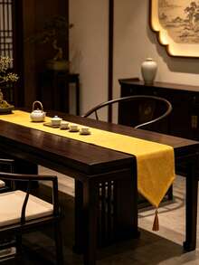 Minimalist Pure Gray Textured Table Runner With Tassel Trim, Modern Neutral Style Dining Table Decor Fabric, Suitable For All Seasons, For Dining Table, Coffee Table, Entryway Cabinet, Vanity And Entryway - Yellow - View 5