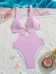 PEPPERMOLLY 2026 New Women's Sexy Fashion Striped One-Piece Swimsuit, Sleeveless Cami Backless Bikini Bottoms, Perfect For Vacation Beach Pink Summer - Pink - View 2