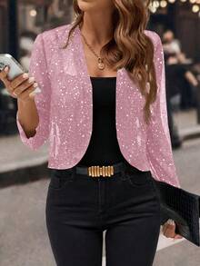 Women's Glitter Sequin Cardigan Jacket, Pleated Fabric With Gold Foil, 3/4 Sleeves, Business Casual For Women - 羅莎 - 查看 5