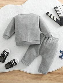 2pcs/Set Unisex Baby & Kids Rainbow Embroidered Top + Loose Sports Pants Outfit, Casual Spring/Autumn Wear - Light Grey - View 2