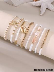 NAIZHU 8pcs Bohemian Ocean Style Starfish Shell Multi-Layer Beaded Anklet Set For Women, Vacation Style, Random Color - Multicolor - View 3