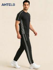 AHTELB Men's Contrast Side Stripe Sports Set, Elastic Loose Quick-Dry Short Sleeve And Cuffed Long Pants Fitness Set Black Summer - Black - View 1