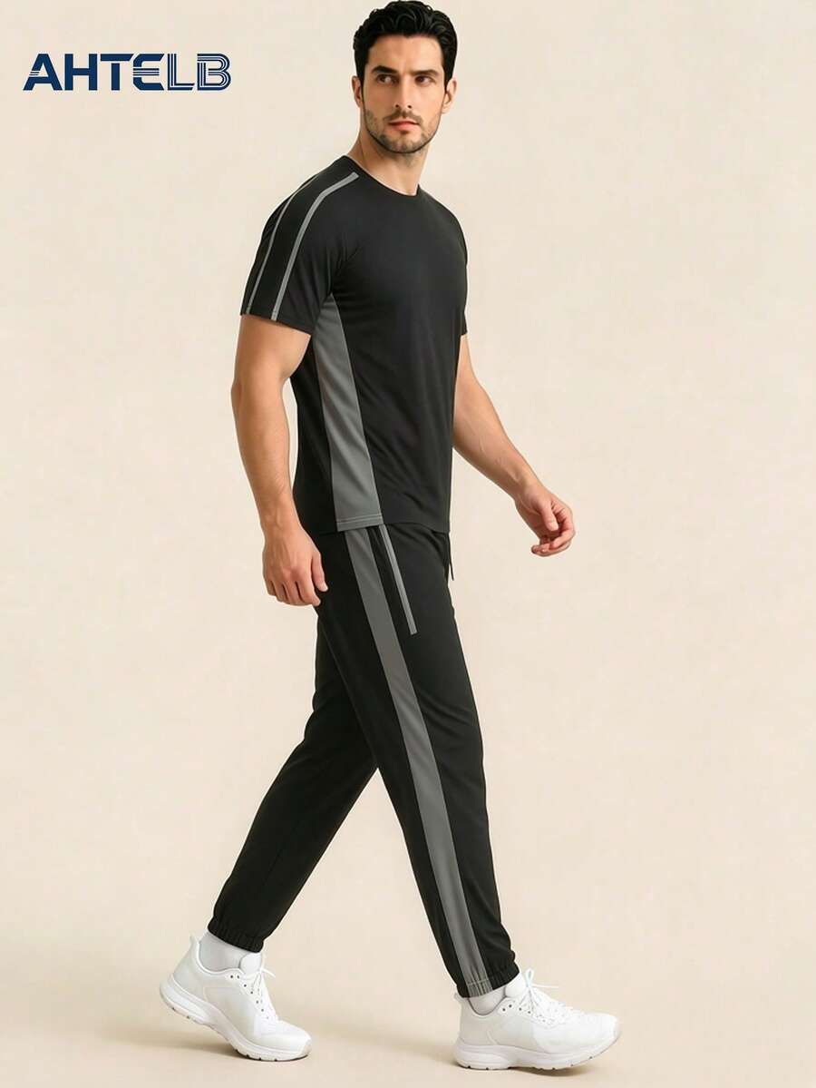 AHTELB Men's Contrast Side Stripe Sports Set, Elastic Loose Quick-Dry Short Sleeve And Cuffed Long Pants Fitness Set Black Summer - Black - View 1