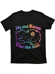 Camiseta Retro Hombre Estampado Gato "Me and" – Tejido Transpirable que Absorbe Humedad, Cuello Redondo Clásico, Corte Holgado para Verano, Moda Casual y Athleisure - Negro - Ver 1