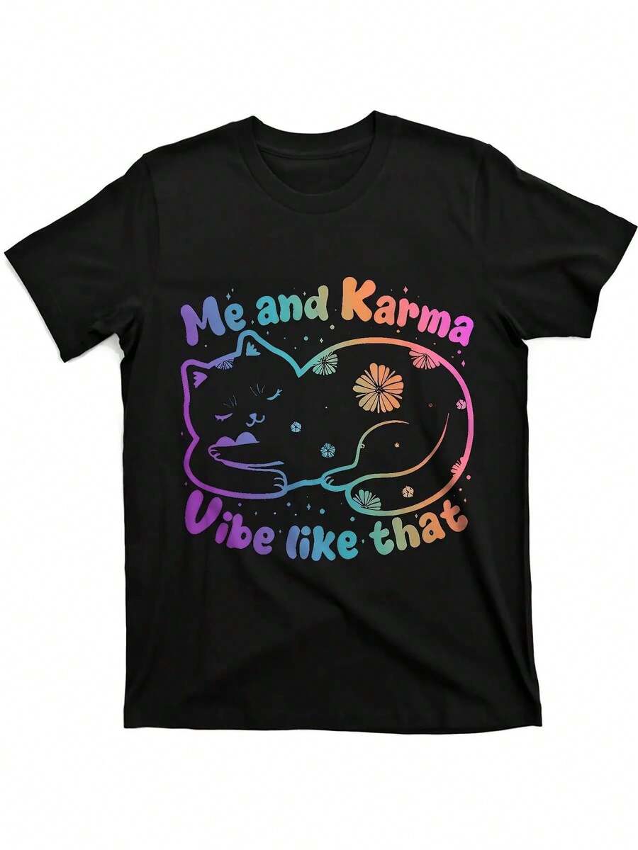 Camiseta Retro Hombre Estampado Gato "Me and" – Tejido Transpirable que Absorbe Humedad, Cuello Redondo Clásico, Corte Holgado para Verano, Moda Casual y Athleisure - Negro - Ver 1