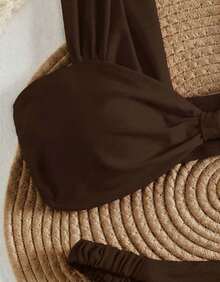 Women's Bikini With Thick Straps, Ruched Detail, High-Cut Bottom, Beachwear, Summer Style - Rust Brown - View 5