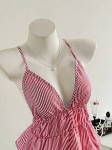 Top halter sin espalda casual a rayas, verano - Rojo - Ver 1