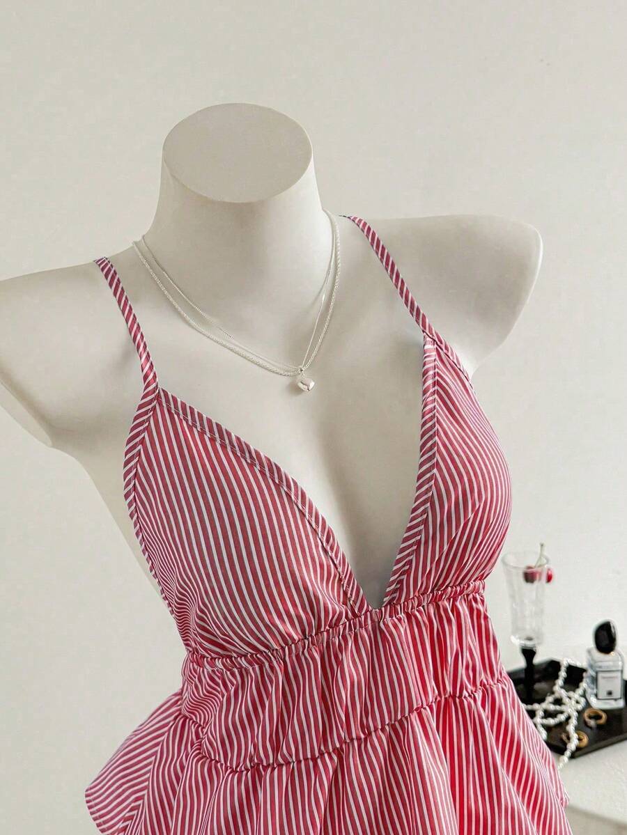 Top halter sin espalda casual a rayas, verano - Rojo - Ver 1