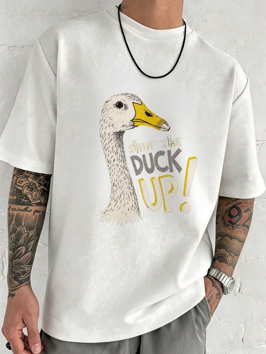 Mexico 2026 T-Shirt With A Humorous Goose Print And The Funny Phrase "SHUT THE DUCK UP", A Casual Urban And Modern Style, Ideal For Summer, National Holidays, Family Gatherings, And Travel. - 白色 - 查看 1