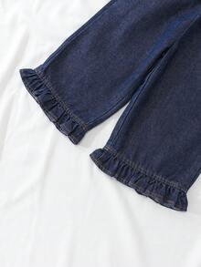 Baby Girl Summer Set - Sleeveless Tank Top With Single Layer Ruffle Collar Design, Fashionable Elegant Denim Top Paired With Lace Versatile Casual Washed Denim Pants Set, Suitable For Summer Travel, Beach Outings Or Daily Wear - Dark Wash - View 9