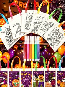 60/48/24/12pcs Halloween DIY Gift Bags, Graffiti Tote Bags, Various Pumpkin Graffiti Tote Bags, Witch Graffiti Tote Bags, With Colorful Handles, Atmosphere Creating Supplies, Holiday Photo Props, Suitable For Halloween Group Activities, Party Gift Packaging Bags - View 1