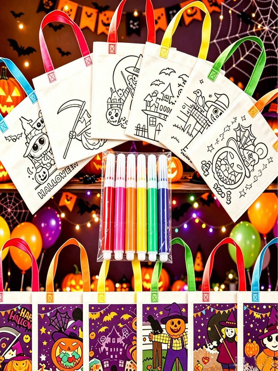 60/48/24/12pcs Halloween DIY Gift Bags, Graffiti Tote Bags, Various Pumpkin Graffiti Tote Bags, Witch Graffiti Tote Bags, With Colorful Handles, Atmosphere Creating Supplies, Holiday Photo Props, Suitable For Halloween Group Activities, Party Gift Packaging Bags - View 1