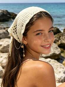 1pc French Minimalist Triangle Headscarf Hair Accessory For Beach Photography, Sweet And Cute Girl Hairband With Ocean Shell And Faux Pearl Cute Pattern Pendant Decoration, Suitable For Summer Beach Travel Vacation Hair Styling Versatile Accessory - Multicolor - View 4