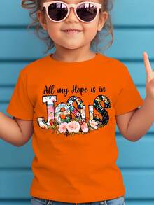 Girls' Round Neck T-Shirt With Letter And Flower Print "All My Hope Is In Jesus", Sweet And Versatile. - Army Green - View 8