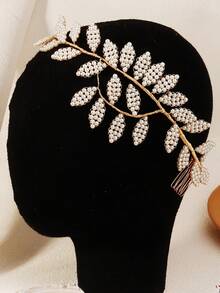 1pc Luxury Gold Metal Twisted Wire Faux Pearl Leaf Headband Hair Comb Bridal Hair Accessory For Banquet And Formal Occasions - Gold - View 4